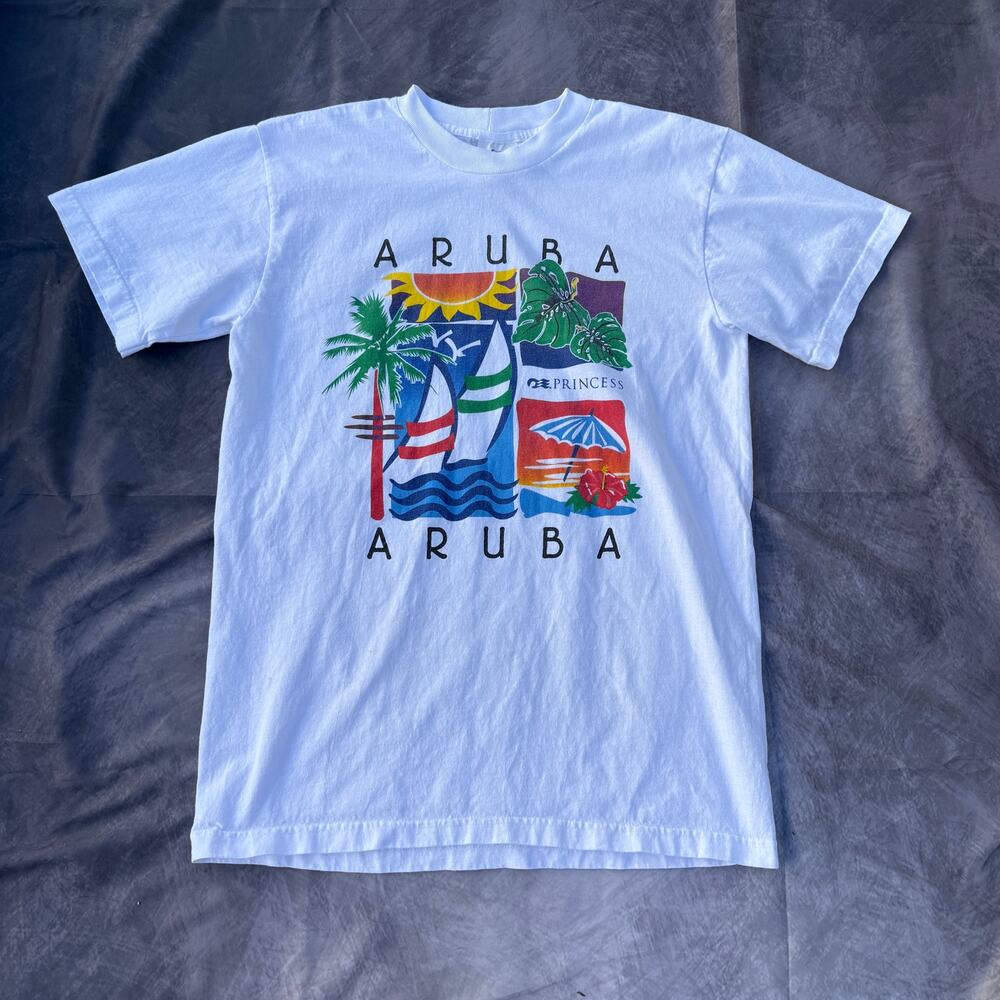 Vintage 90's Princess Cruises Aruba Island White Tropical Tourist Shirt Sz Large